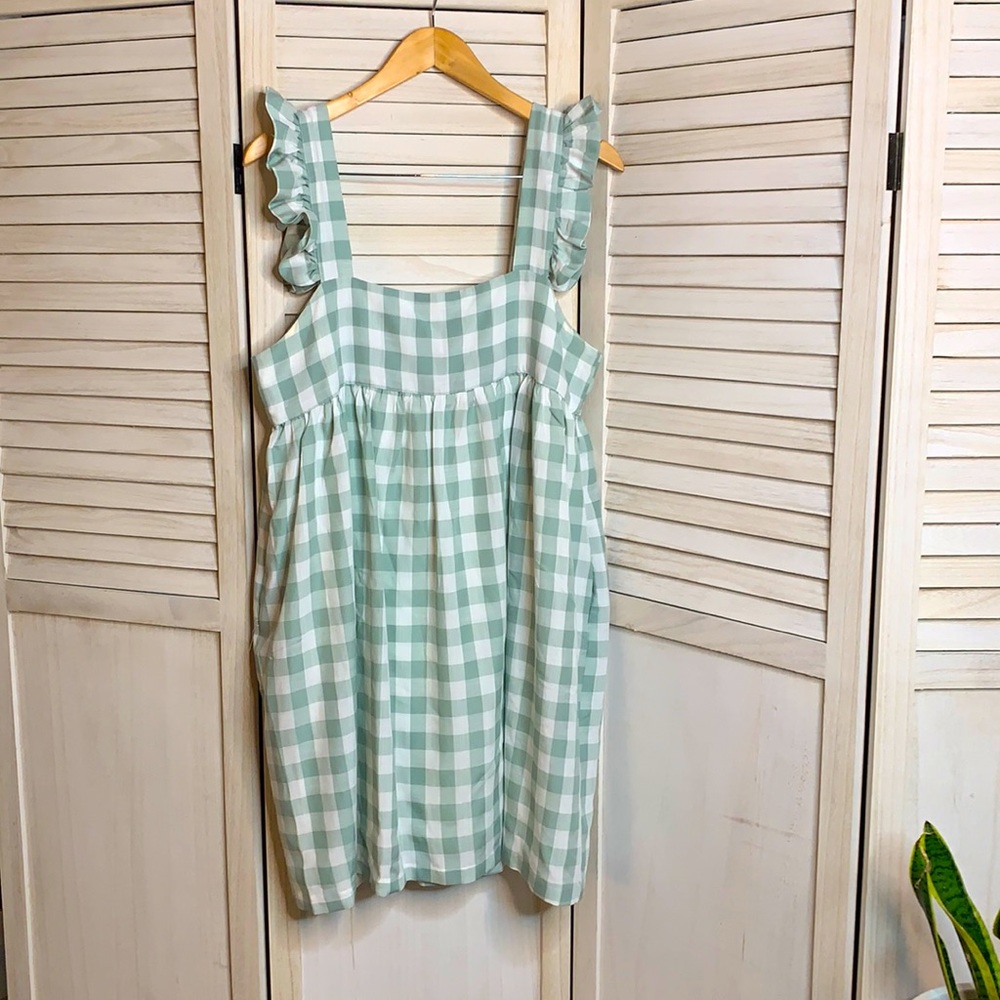 Gingham Ruffle Strap Dress in Green